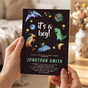 Invitación Es una fiesta de baby shower de galaxia de dinosau