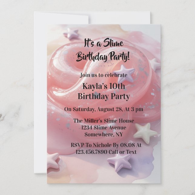 Invitación Es una fiesta de cumpleaños de slime para niñas (Anverso)