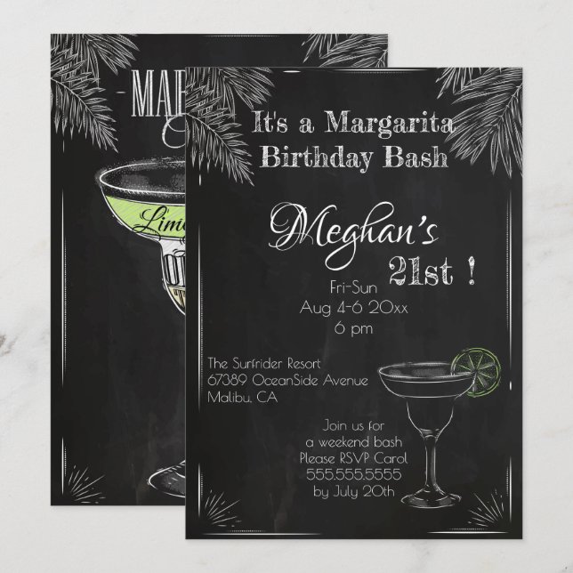 Invitación Es una Fiesta de Cumpleaños Margarita 21 (Anverso / Reverso)