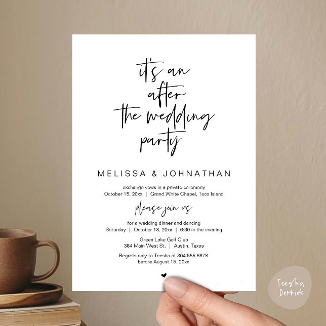 Invitación Es una fiesta después de la boda, el fusilamiento  (Happily Ever After Party, Wedding Elopement Dinner Brunch Lunch Invitation Card, PDF, White Black)