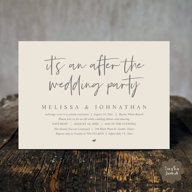 Invitación Es una fiesta después de la boda, Romantic Dinner (It's an after the wedding party, Modern Romantic Dinner Celebration Invitation Card PDF Cream Grey)