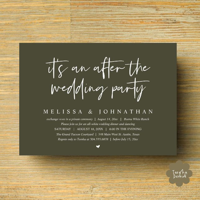 Invitación Es una fiesta después de la boda, Romantic Dinner (It's an after the wedding party, Modern Romantic Dinner Celebration Invitation Card PDF Olive Green)