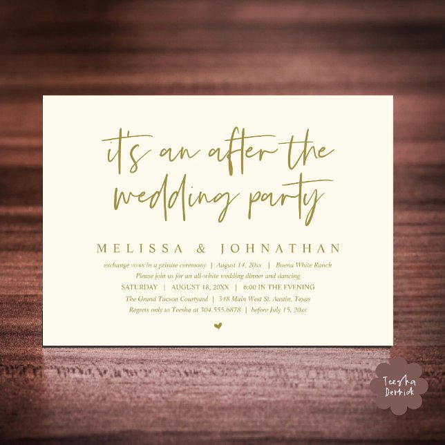Invitación Es una fiesta después de la boda, Romantic Dinner (It's an after the wedding party, Modern Romantic Dinner Celebration Invitation Card PDF Yellow Gold)