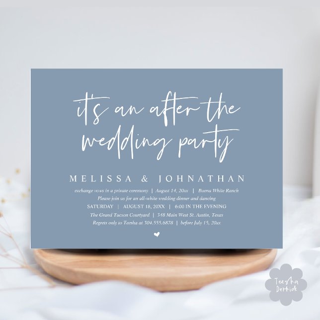 Invitación Es una fiesta después de la boda, Romantic Dinner (It's an after the wedding party, Modern Romantic Dinner Celebration Invitation Card PDF Dusty Blue)