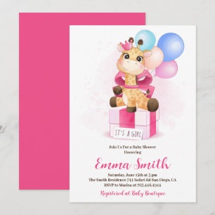 Invitación Es una jirafa de acuarela para baby shower de niña