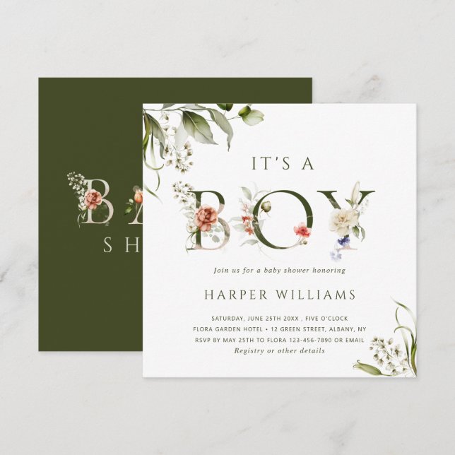 Invitación Es una letra botánica de Boy Floral Baby Shower (Anverso / Reverso)