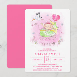 Invitación Es una niña Acuarela Bebé Niña En El Cochecito