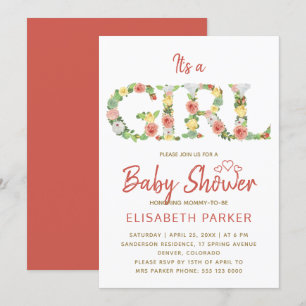 Invitación Es una NIÑA alfabeto floral script baby shower