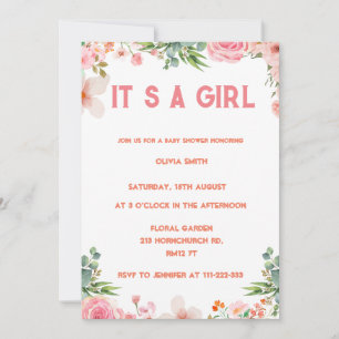 Invitación Es una niña Aquarela dorada floral sonrojo