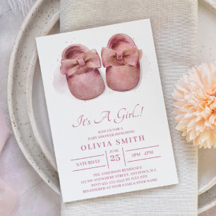 Invitación Es una niña Aquarela Zapatos de bebé lindos Baby S