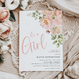 Invitación Es una niña, Baby Shower Rosa con Flores de Acuare