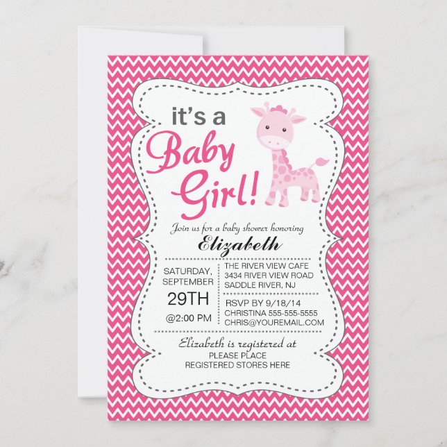 Invitación Es una niña bebé Chicas de la jirafa rosa Baby Sho (Anverso)
