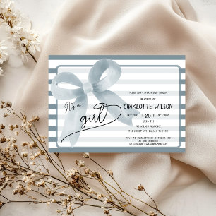 Invitación Es una niña Cumpleaños azul lindo lazo rayas Baby