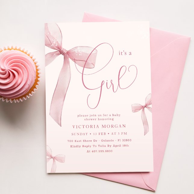 Invitación Es una niña Cumpleaños con lazo rosa (Subido por el creador)