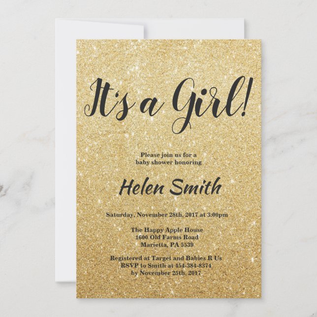 Invitación Es una niña Cumpleaños de bebé con brillo dorado (Anverso)