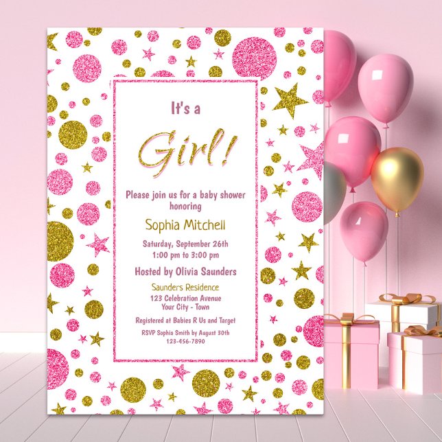 Invitación Es una niña Cumpleaños de bebé con confeti rosa (Subido por el creador)