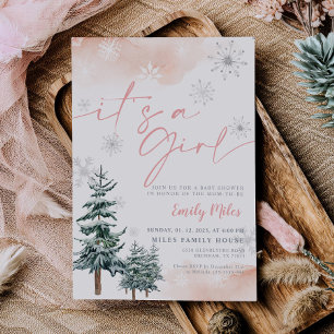 Invitación Es una niña Cumpleaños de bebé de invierno rosa
