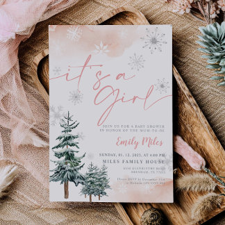 Invitación Es una niña Cumpleaños de bebé de invierno rosa