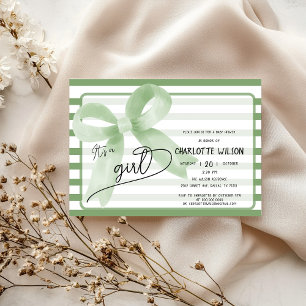 Invitación Es una niña Cumpleaños de bebé Rayas Lazo Verde Du