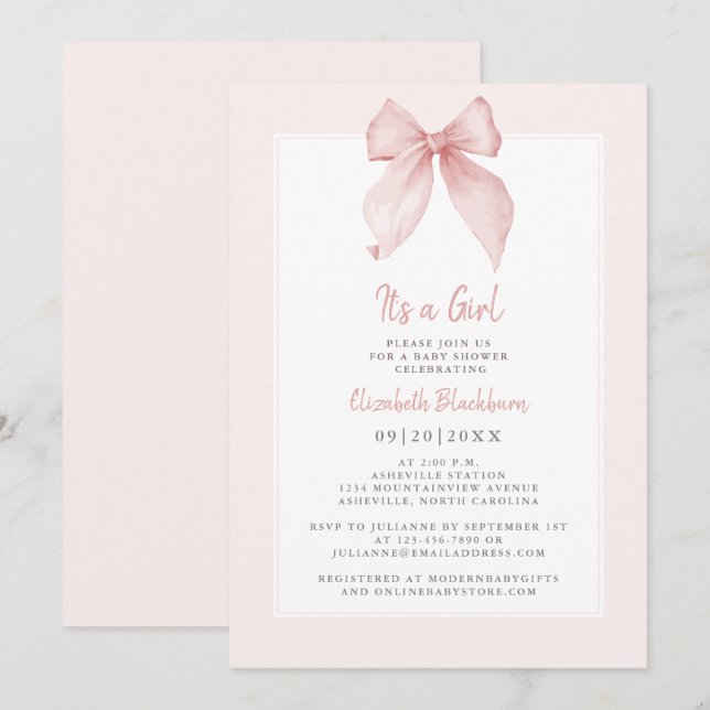 Invitación Es una niña Cumpleaños de lazo rosa Coquette Elega (Anverso / Reverso)
