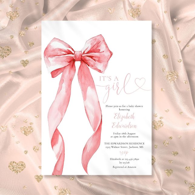 Invitación Es una niña Elegante lazo rosa Baby Shower (Its A Girl Elegant Pink Bow Baby Shower Invitation)