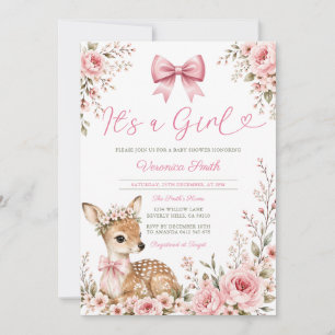 Invitación Es una niña Fiesta de Bebé Floral Rosa Ciervo Bosq