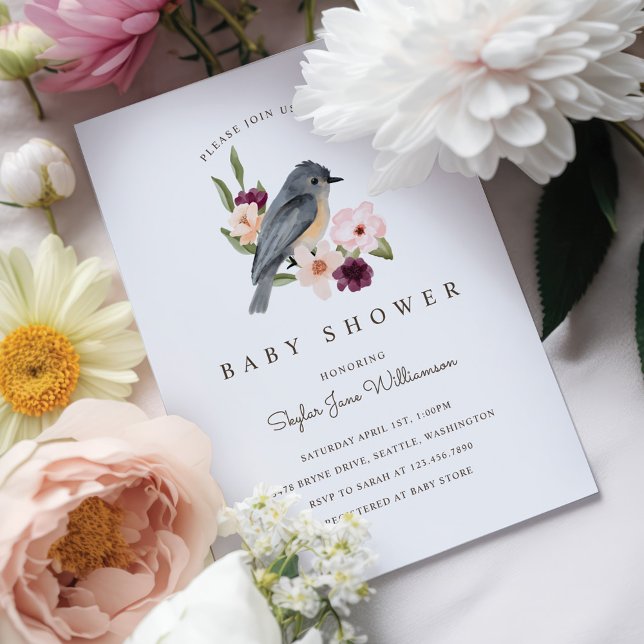 Invitación Es una niña Flores de acuarela rosa y pajarito (Subido por el creador)