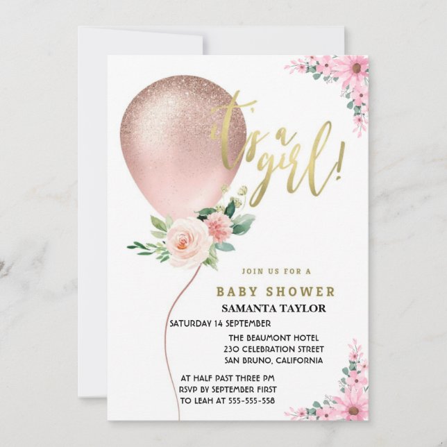 Invitación ¡Es una niña! Globo Rosa Floral Celebración (Anverso)