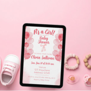 Invitación Es una niña globos de acuarela rosa Baby Shower