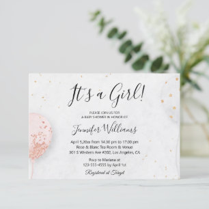 Invitación es una niña, globos rosados baby shower minimalist