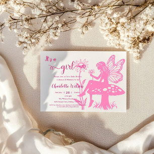 Invitación ¡Es una niña! Hongo hadita y ducha de bebé con flo