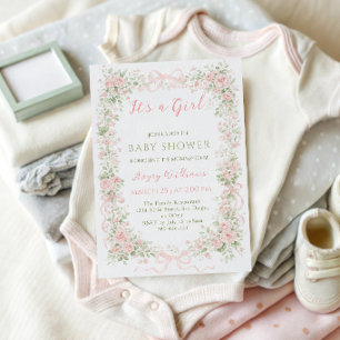 Invitación Es una niña Jardín Lazo Floral Rosa Baby Shower