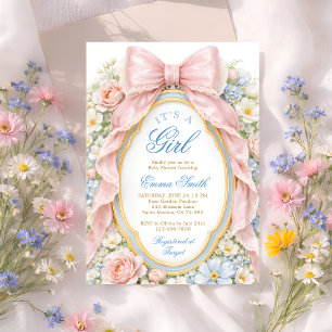 Invitación Es una niña, lazo floral rosa, baby shower coquett