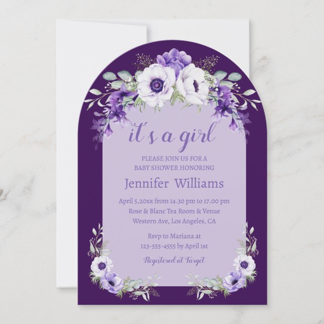 Invitación es una niña, regadera de flores moradas a la acuar (Anverso)