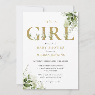 Invitación Es una niña Shower Botánico con Letras Doradas