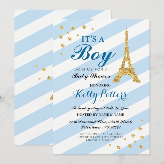 Invitación Es una raya azul de la torre Eiffel de Baby Shower (Anverso / Reverso)