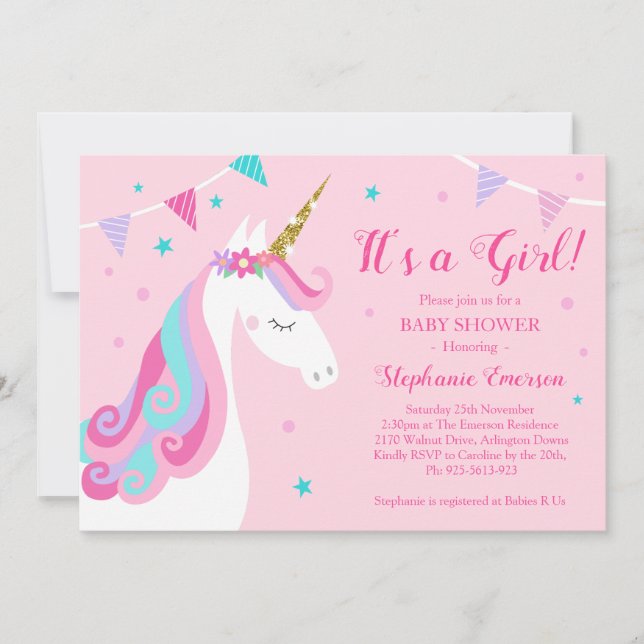 Invitación Es una rosa de Baby Shower de unicornio Chica (Anverso)