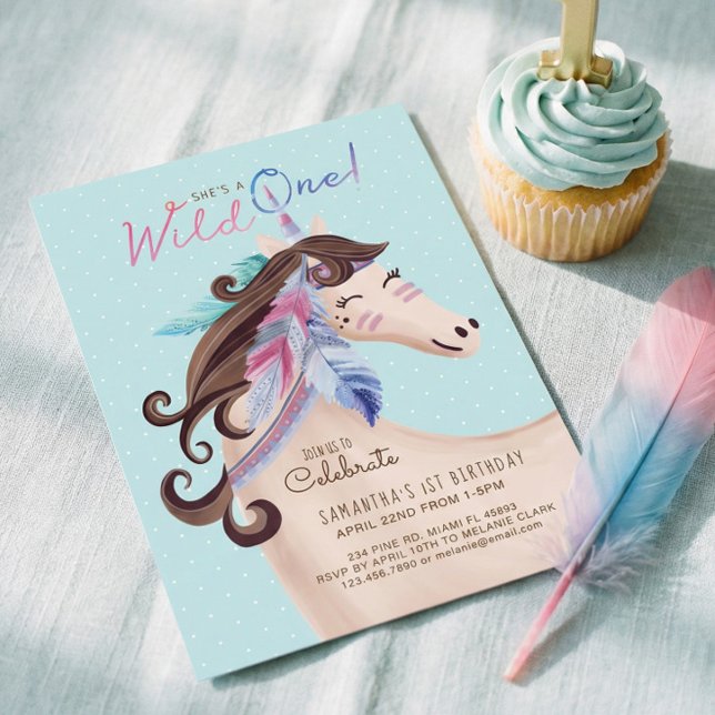 Invitación Es una salvaje unicornio de una tribu salvaje (Pink Sweet Watercolor Unicorn Horse 1st Birthday Invitation)