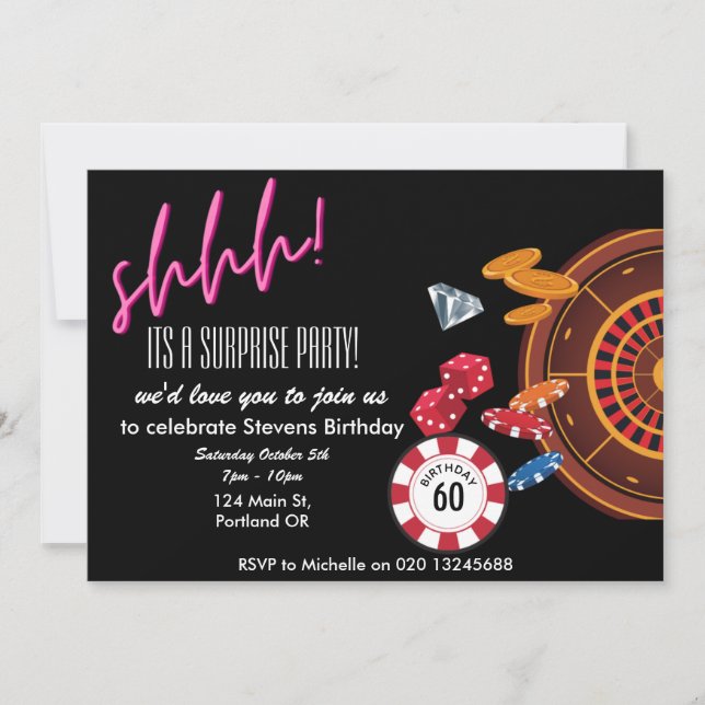 Invitación es una sorpresa el tema del cumpleaños del casino  (Anverso)