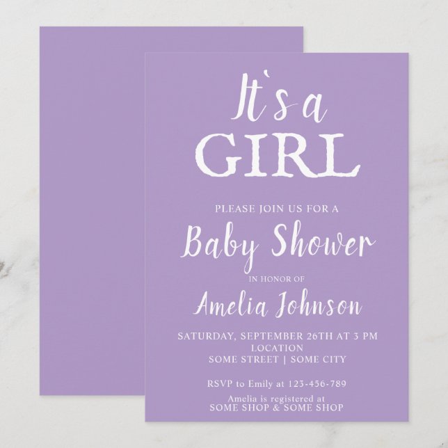 Invitación Es una tipografía Chica, niña bebé Baby Shower (Anverso / Reverso)