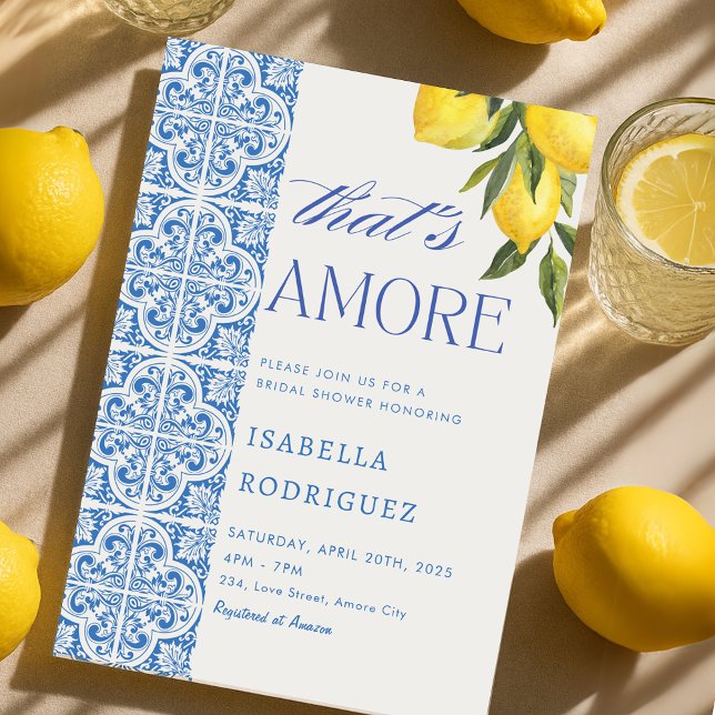 Invitación Esa es más ducha de novia de azulejos azules itali (That's Amore Italian Blue Tiles Bridal Shower Invitation)