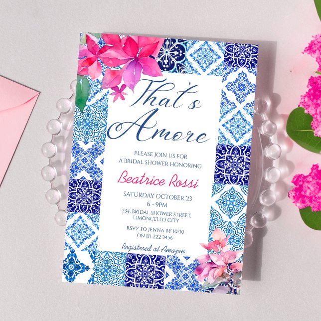 Invitación Esa es más ducha de novia floral con azulejos azul (That's Amore Blue Tiles Floral Bougainvillea Bridal Shower Invitation)