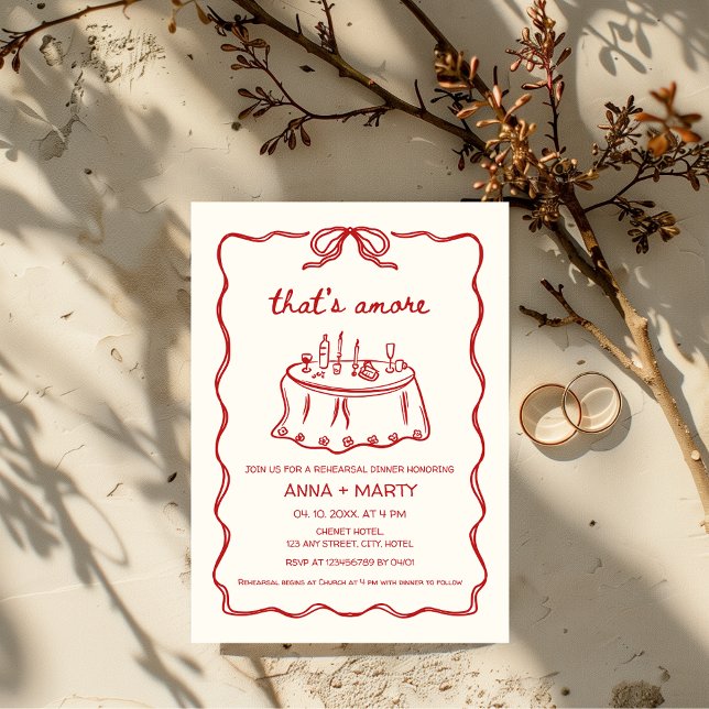 Invitación Esa es una cena de ensayo rojo ilustrada a mano (That's amore Red Wedding Rehearsal Dinner Hand Drawn Invitation)