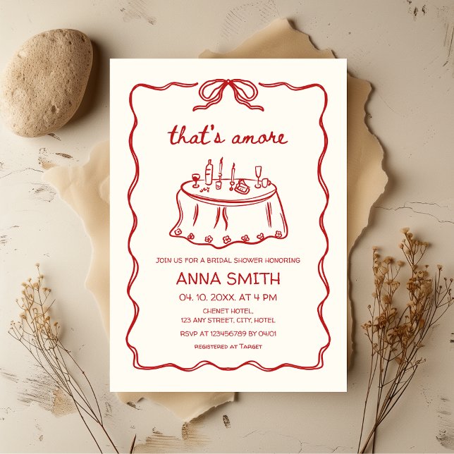 Invitación Esa es una ducha de novia roja ilustrada a mano (That's amore Red Hand-drawn Quirky Funky Retro Bridal Shower Invitation with bow and hendlettering)