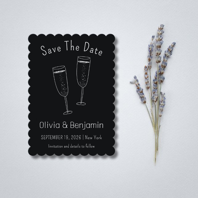 Invitación Esbozo Boda De La Tostada De Champagne Salvar La F (Sketch Champagne Toast Wedding Save The Date Invitation)