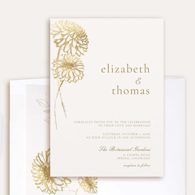 Invitación Esbozo de arte de Dahlia Faux Gold Modern Fall Wed (elegant fall wedding invitation dahlia faux gold gilded  floral sketch modern formal casual stylish)