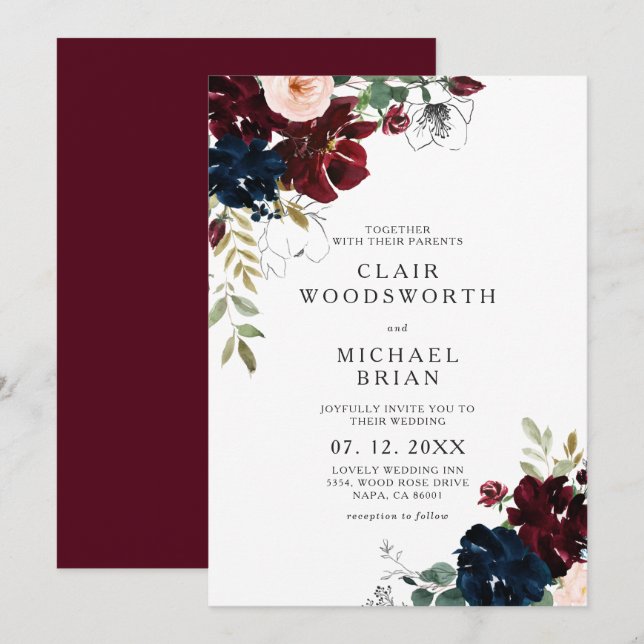 Invitación Esbozo de arte de la línea de moda Boda floral de  (Anverso / Reverso)