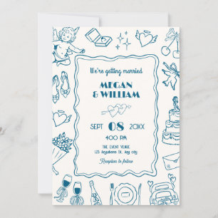 Invitación Esbozo de arte de línea Boda azul divertido