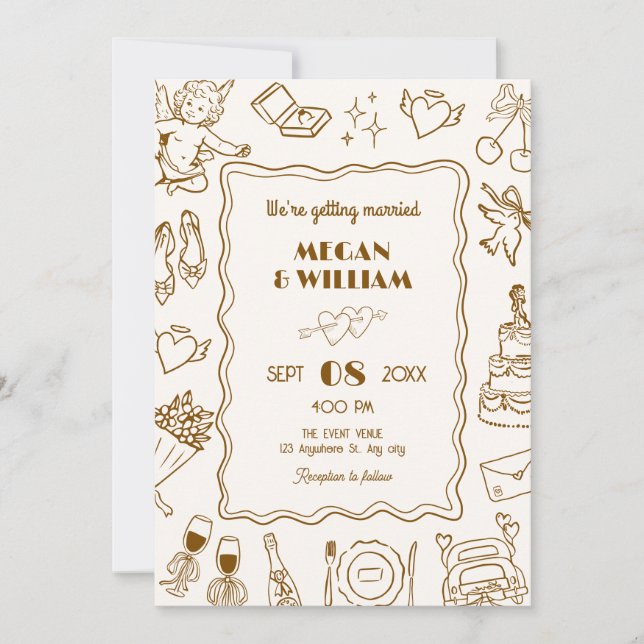 Invitación Esbozo de arte de línea boda divertido (Anverso)