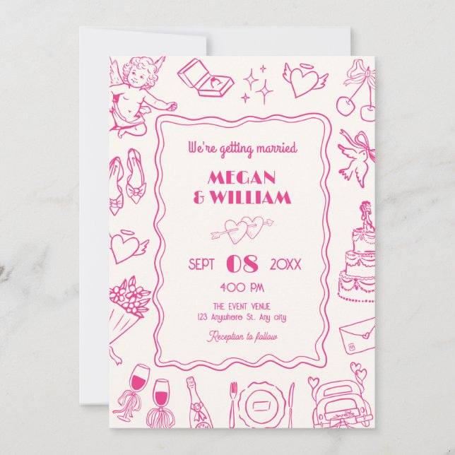 Invitación Esbozo de arte de línea Boda rosa divertido (Anverso)